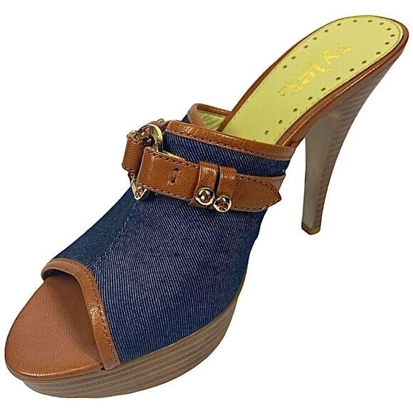 Platform Heels Size 9M | Blue Denim & Tan Slip-On | 5.5” Heel - Picture 2 of 11